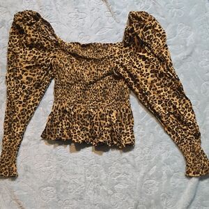 Smocked Leopard Print Puff Sleeve Blouse - Yellow/Black